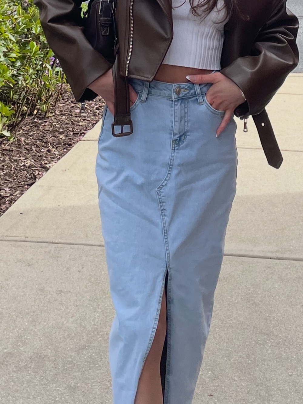 Light Blue Denim Maxi Skirt with Front Slit